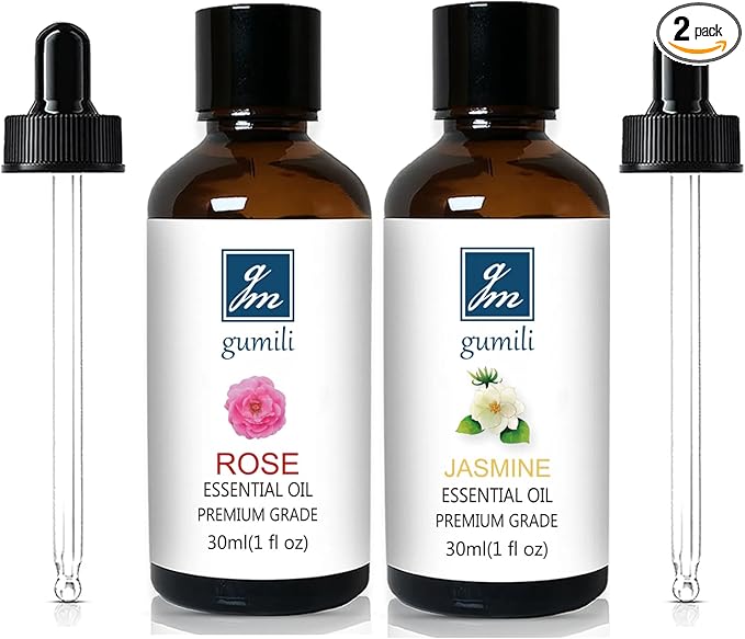 GM Gumili Rose Essential Oil and Jasemine Essential Oil, Floral Scent Oils Home Fragrance Oils for Diffuser Perfume Candle Soap Making - 2 Oz, Pack of 2