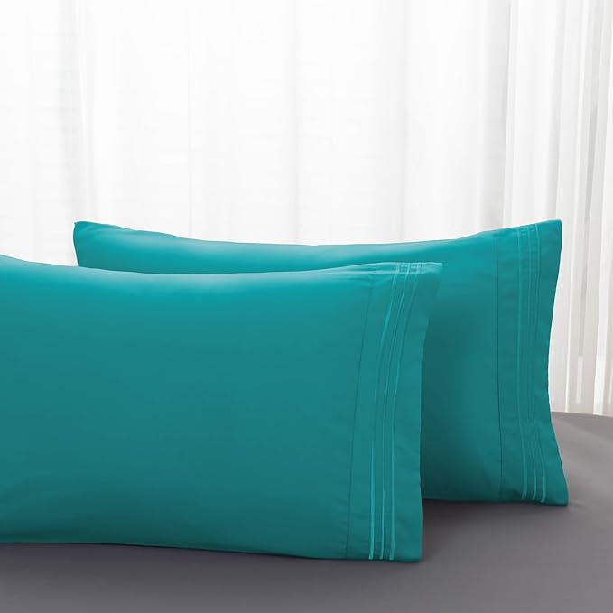 Mocassi 2-Piece Premium King Pillowcase Set 1800 Series Hotel Quality Microfiber - Soft and Breathable with 3-Line Embroidery Wrinkle and Stain Resistant, Easy Care, 20" x 40", Teal
