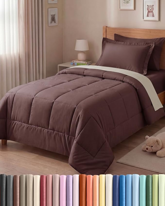 Twin Comforter Set - 5 Piece Bed in a Bag Twin Size Bed Set - Down Alternative Comforter, Flat Sheet, Fitted Sheet, Pillowcase & Sham for All Seasons - Ultra Soft, Comfy and Breathable - Brown/Beige