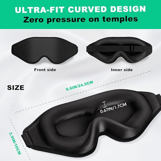 3D Sleep Mask for Side Sleepers Men Women Zero Eye Pressure Memory Foam Blackout Eye Mask Soft Breathable Light Blocking for Travel Yoga Napping Night Black