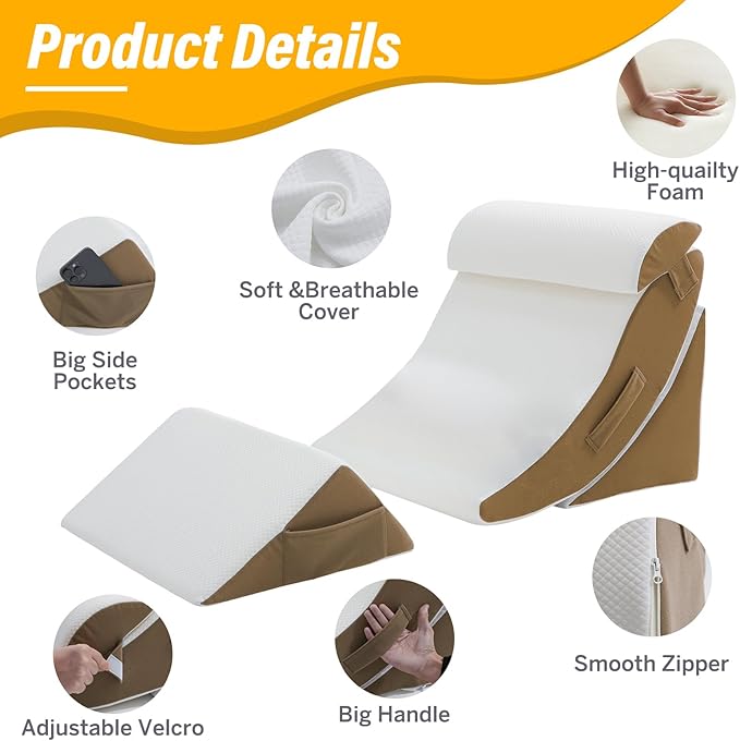 Wedge Pillow Set for After Surgery – 4PCS Orthopedic Bed Wedge Pillows for Sleeping – Adjustable Memory Foam Triangle Support for Back Pain Relief, Acid Reflux & Recovery (Coffee)