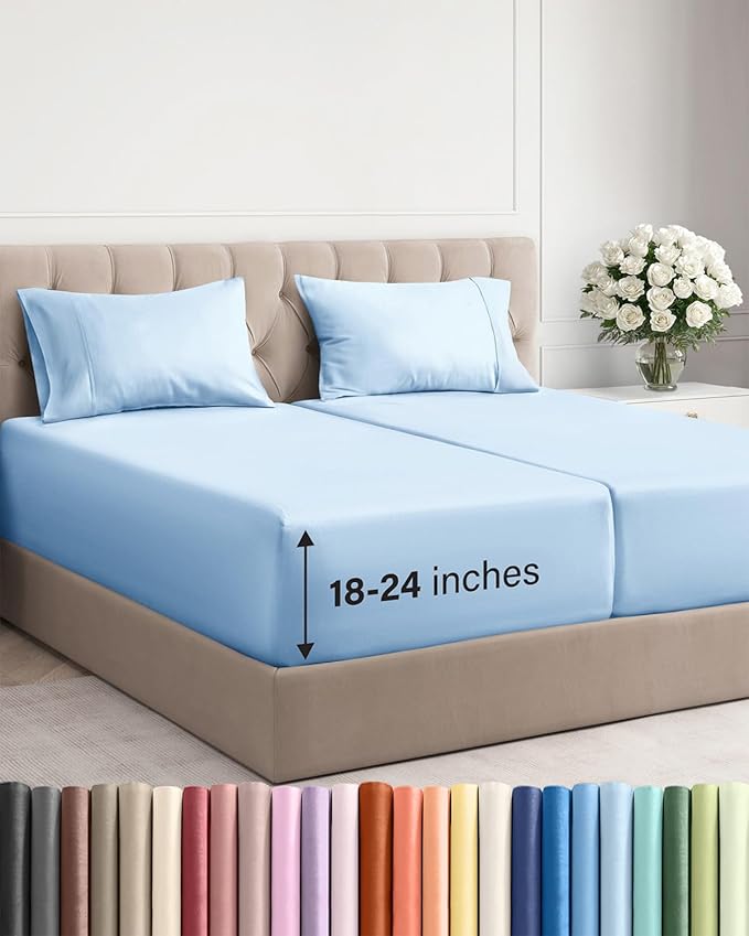 Extra Deep Split King Sheet Set - 5 Piece Breathable & Cooling Bed Sheets - Easily Fits 18 to 24 inch Mattress - Soft, Wrinkle & Fade Free with Extra Deep Pockets - Hotel Luxury Bedding - Light Blue