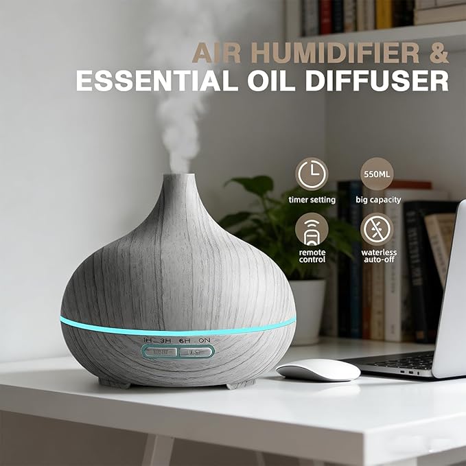 550ml Large Capacity Essential Oil Diffuser with 6 Aromatherapy Oils,Humidifier for Home Decor with Waterless Auto-Off,7 Color LED Light for Yoga Gym Office Decoration (White Wood Grain)