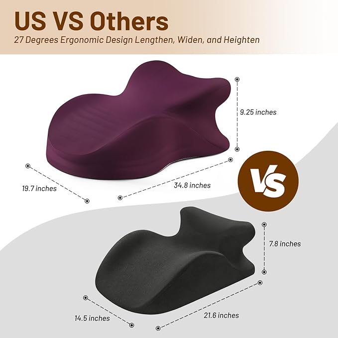 Memory Foam Ergonomic Wedge Pillow, Reading Pillow for Bed, Headboard Pillow Support for Back Pain, Acid Reflux & Sitting Up, Ideal for Massage with Removable Cover-Purple