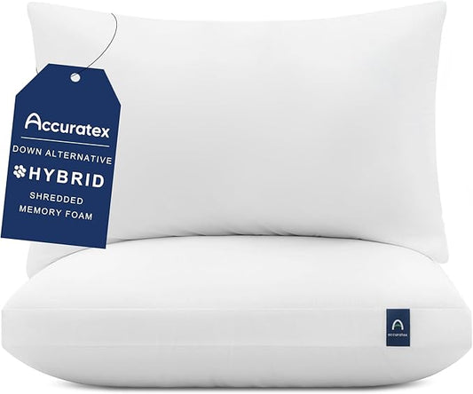 ACCURATEX Pillows Queen Size Set of 2, Hybrid Shredded Memory Foam Pillow[Adjustable Loft], Fluffy Down Alternative Fill Removable Cotton Cover, Firm Supportive Pillow for Side Back Sleepers