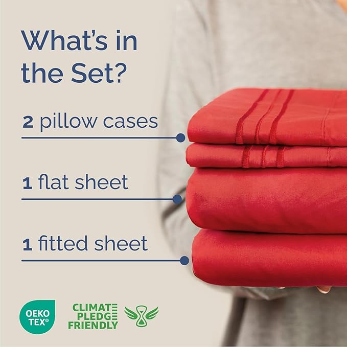 Cal King Size 4 Piece Sheet Set - Comfy Breathable & Cooling Sheets - Hotel Luxury Bed Sheets for Women & Men - Deep Pockets, Easy-Fit, Extra Soft & Wrinkle Free Sheets - Red Oeko-Tex Bed Sheet Set