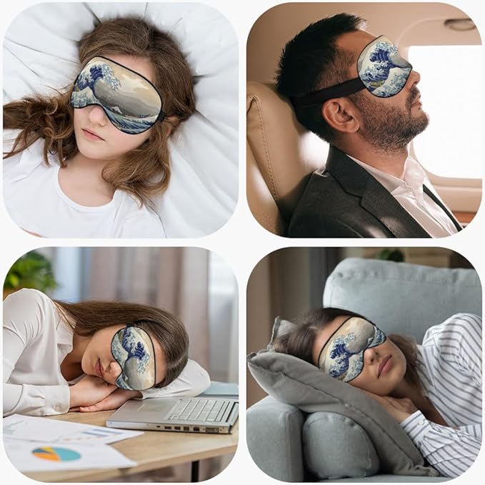 Great Wave Sleep Eye Mask Eye Cover Oriental Japanese Ocean Sea Waves Blue Silk Eye Mask for Sleeping with Adjustable Strap for Travel Nap Shift Work Office