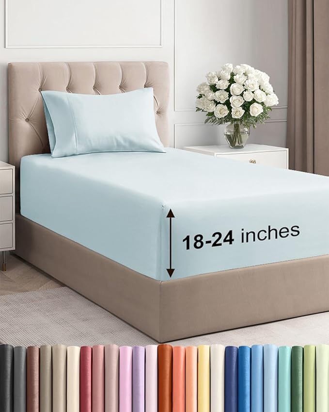 Extra Deep Twin Sheet Set - 3 Piece Breathable & Cooling Bed Sheets - Easily Fits 18 to 24 inch Mattress - Ultra Soft, Wrinkle & Fade Free w/ Extra Deep Pockets - Comfy Hotel Luxury Bedding - Ice Blue