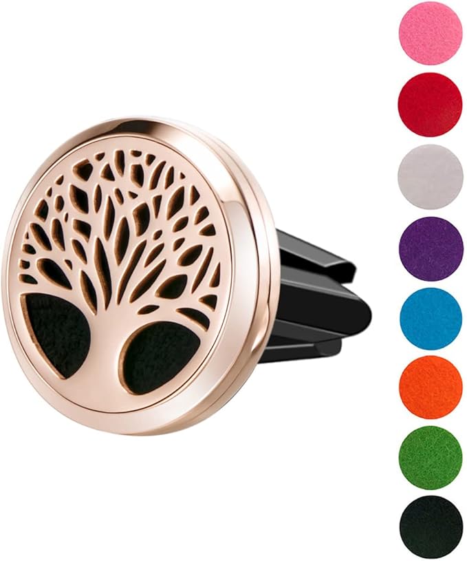 Wild Essentials Rose Gold Tree of Life Essential Oil Car Vent Diffuser Kit – 316L Stainless Steel Locket, Rubber-Coated 4-Way Clip, 8 Color Pads (22mm), 25mm – Includes Alert & Inner Calm (2 x 10ml)