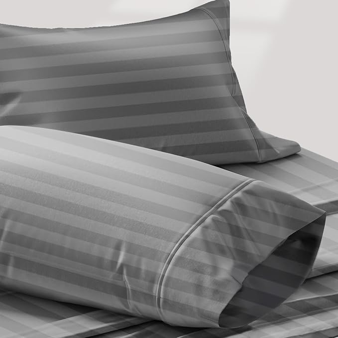 TEXAS LINEN CO. 100% Egyptian Cotton Pillow Cases Standard/Queen Size Set of 2 - Luxury 1200 Series Star Sleepin' Damask Pillow Cases (Dark Grey Stripe), Soft Pillowcases Fits Standard & Queen Pillows