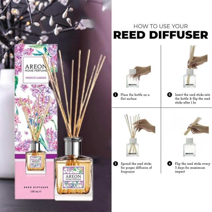 Areon Home Luxury Perfume Reed Diffuser + 10 Rattan Reeds, French Garden 150 ml