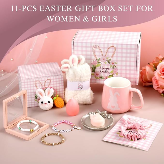 Teen Easter Basket Stuffers for Teen Girls & Women 11 pieces – Bunny Gift Set with Easter Tumbler, Coffee Mug & Bracelet, Cute Spring Gifts