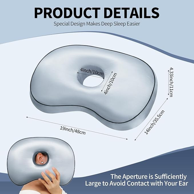 Ear Hole Piercing Pillow for Side Sleepers for CNH and Ear Pain Inflammation Pressure Sores, Cotton and Polyester Adjustable Filling Washable and Adjustable Ear Guard Pillow (Light Blue Silk)