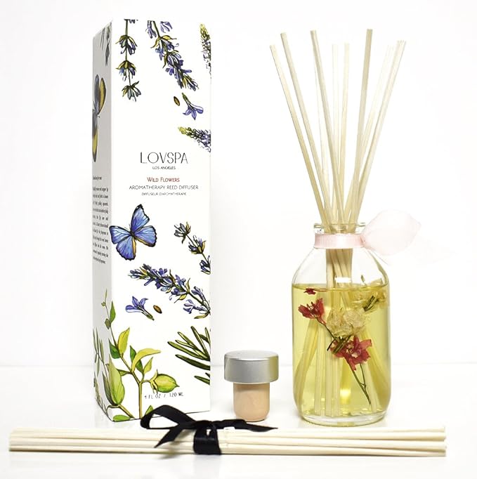 Reed Diffuser Set, Wild Flowers Scented Oil Diffuser with Sticks, Home Fragrance Accessories for Bathroom Shelf Decor, Aroma Diffusers for Home or Office Desk, USA Made