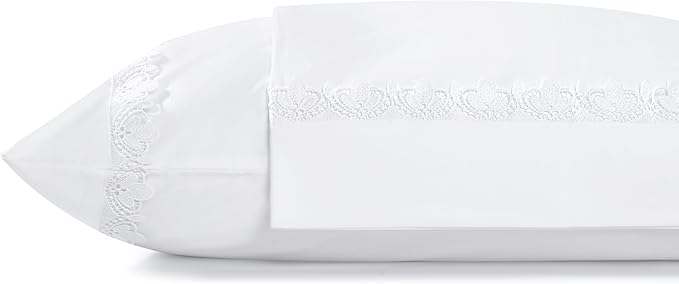 Linen Home 100% Cotton Percale Fluer Lace Pillowcases King Size, White, 2 Pieces of Pillow Case, Crisp and Cool Strong Bed Linen, 20 inches X 40 inches