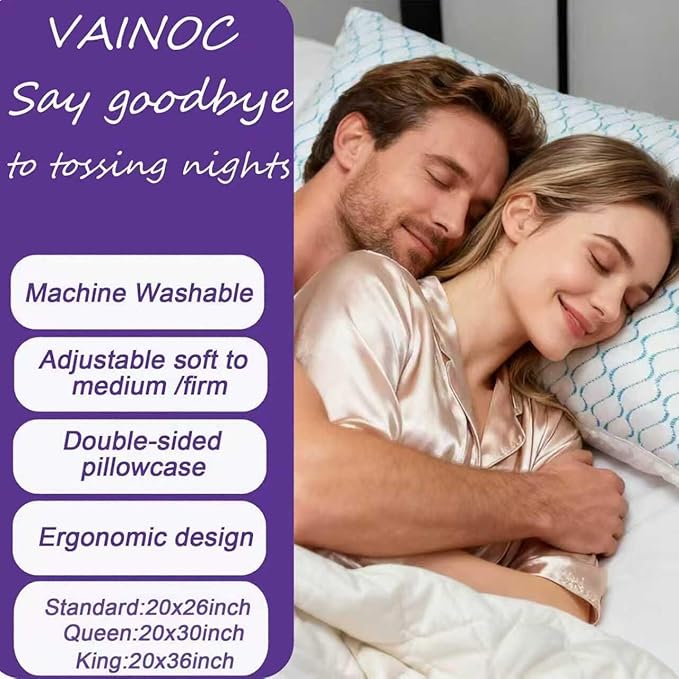 VAINOC Memory Foam Pillows Standard Size Set of 2, Adjustable Cooling Firm Pillow for Side Back Stomach Sleepers with Washable Removable Cover