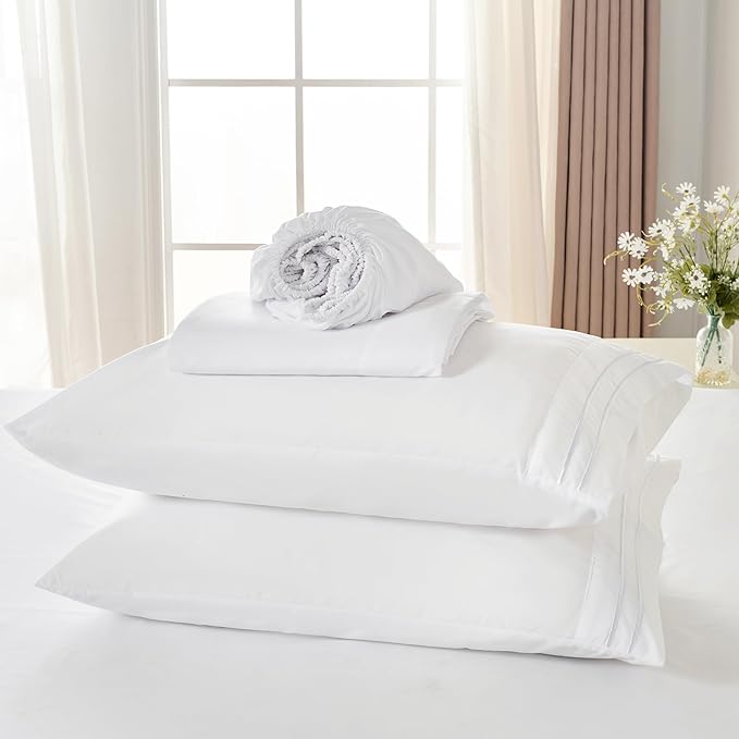 ROSE&RISY White Twin Sheet Set, 3 Pieces Soft Bedding Twin Sheet Set, Breathable and Cooling,Includes Fitted, Flat, Pillow Cases - Deep Pocket (White, Twin)