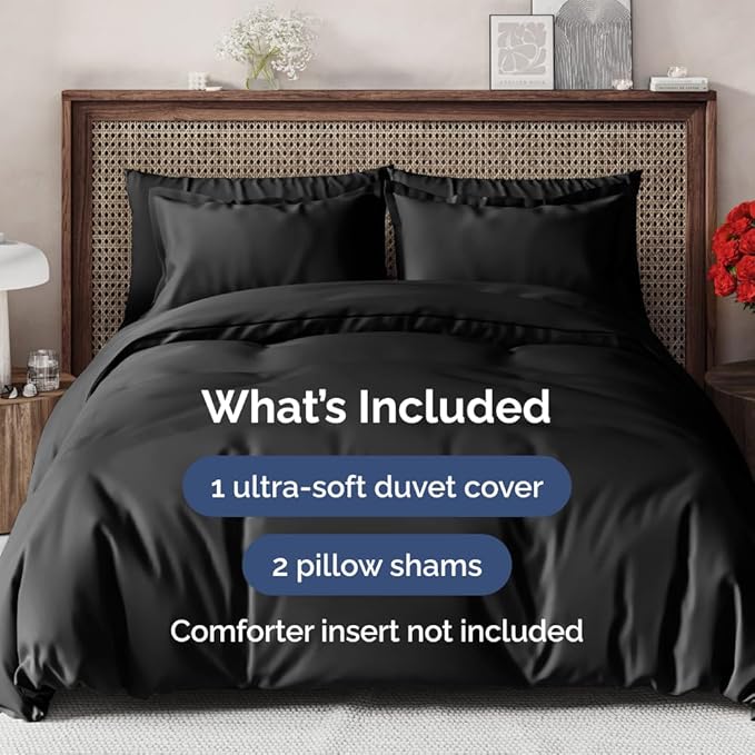 Duvet Cover Super Queen Size Set - Extra Soft Super Queen Duvet Cover with 2 Pillow Shams - Hotel Luxury, Easy Care & Fade Free w/ Zipper Closures & Ties - All Season, Comfy and Breathable (Black)