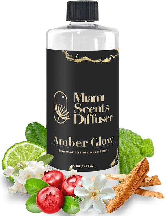 Amber Sunset Glow Essential Oil Refill Luxury Hotel Inspired - Long Lasting Aroma for Home & Office Diffuser - 500 ml Fresh Blend of Bergamot, Oud and Sandalwood, Scent for Spa Wellness Aromatherapy.
