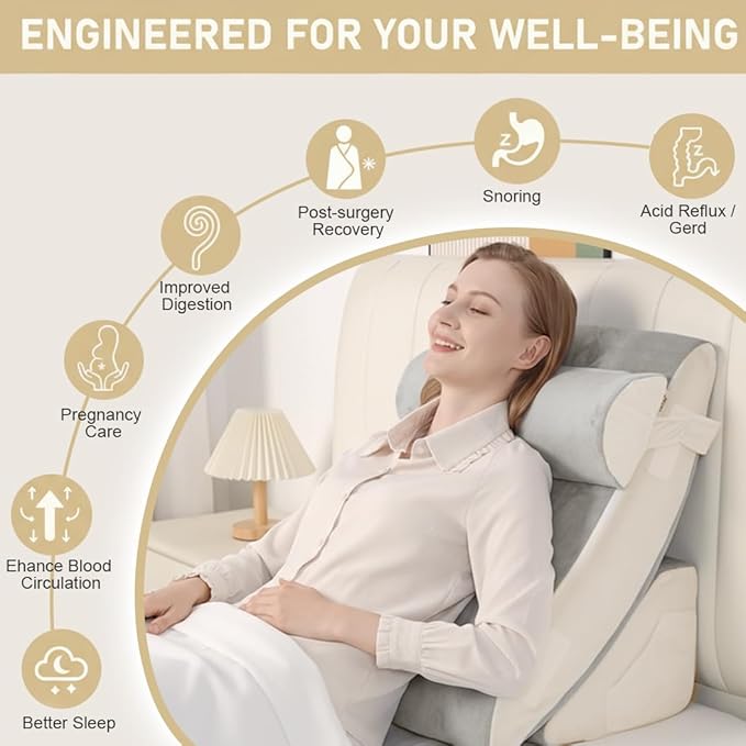 Orthopedic Bed Wedge Pillow Set - Adjustable Memory Foam for Post-Surgery Neck and Back Pain Relief Heartburn Acid Reflux Reading Sleeping Support (Light Gray)