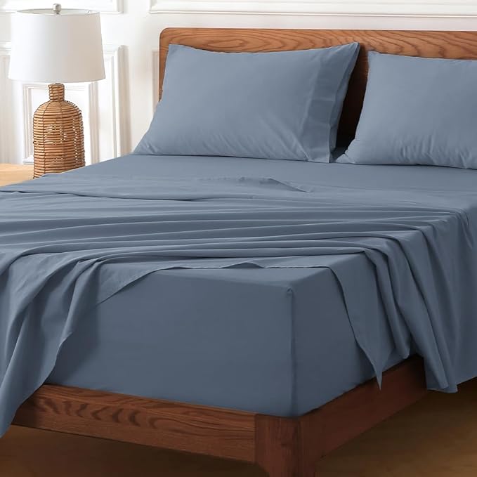 HYPREST 100% Cotton Percale Sheets King Size - 18-24 Extra Deep Pocket Bed Sheet Set King, Crisp & Breathable Cooling Bedding (Dusty Blue, Queen)
