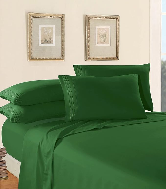 Elegant Comfort Luxury 1500 Premium Hotel Quality Microfiber 4-Piece Sheet Set - Wrinkle Resistant, All Around Elastic Fitted Sheet, Deep Pocket up to 16", California King, Hunter Green