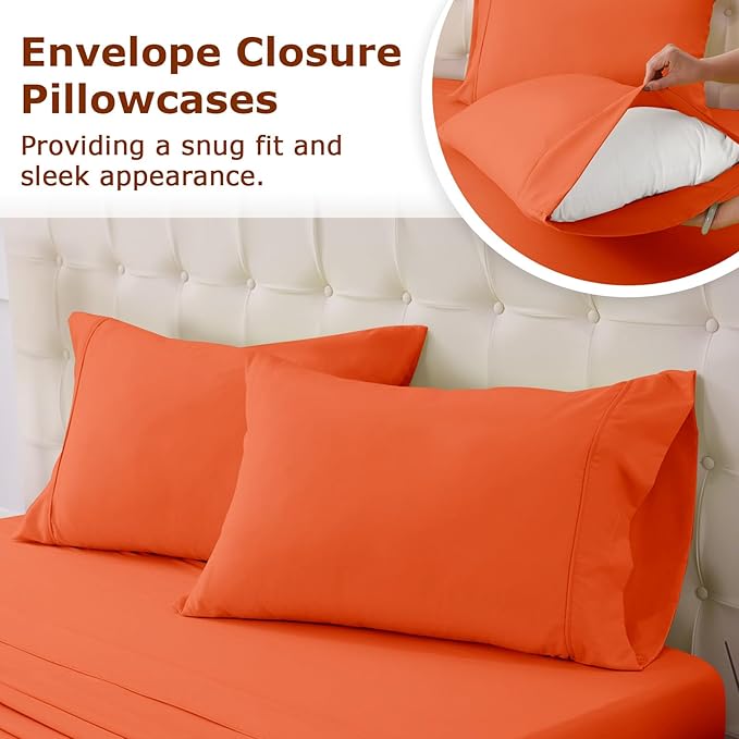 Full Size Terracotta Bed Sheet Set - 4 Piece Soft Microfiber Sheets with Deep Pockets, Cooling Technology, and Wrinkle-Free Pillowcase. Hotel-Quality, Durable Bedding, Bright Orange