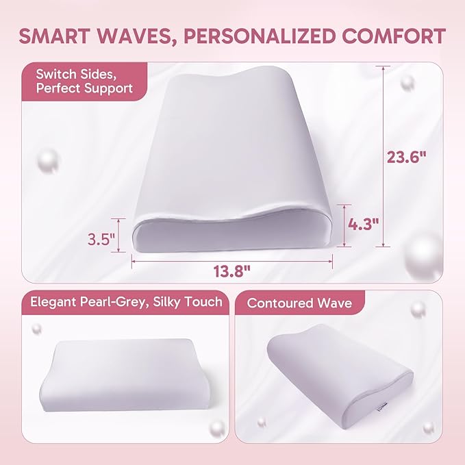 Ergonomic Memory Foam Pillow 2 heights: Mid-Low, Cervical Support Relieve Neck Back Pain, Breathable Cool Ice Silk Anti-Wrinkle Cover, SGS Certificates, for Side Back Stomach Sleeper, Queen Size