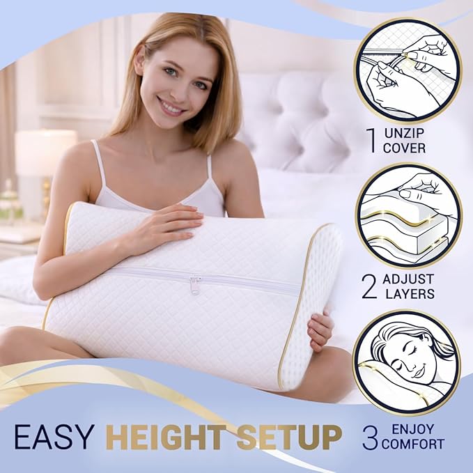 Memory Foam Pillow, Cervical Pillow, 4-Layer Queen, Contour Pillow, Side Sleeper, Neck Support, Pillow for Neck Pain, CertiPUR-US