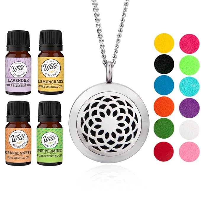 Wild Essentials Sunflower Necklace Essential Oil Diffuser Kit with Lavender, Lemongrass, Peppermint, Orange Oils, 12 Refill Pads, Calming Aromatherapy Gift Set, Customizable Color Changing, Perfume