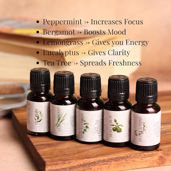 Amayah Focus Essential Oil Blend Set for Concentration & Mental Clarity | Peppermint, Tea Tree & Eucalyptus Aromatherapy Oils for Work, Study & Productivity | Diffuser Oils for Energy & Alertness