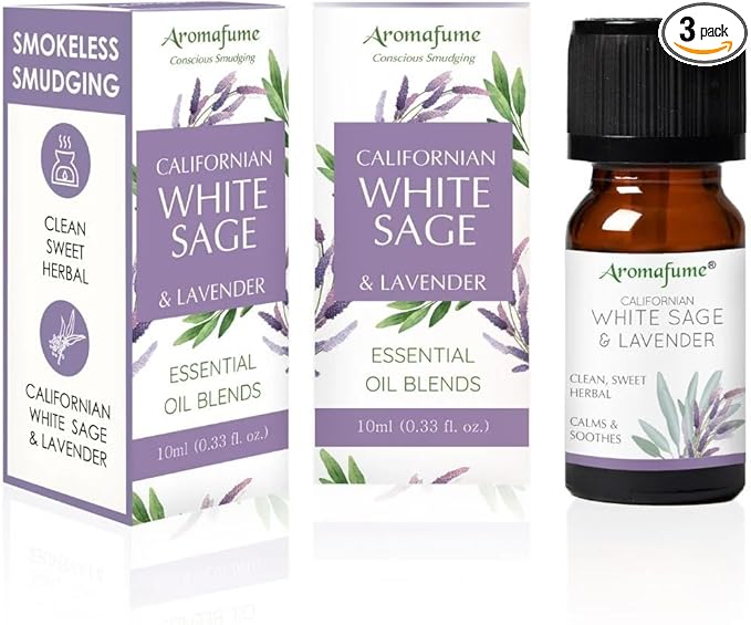 White Sage & Lavender Essential Oil Diffuser Blend by Aromafume | 3x10ml/0.33 fl oz | Aromatherapy Oil for Cleansing Negative Energy & Protection | Ethically sourced | Sage Oil for Smokeless Smudging
