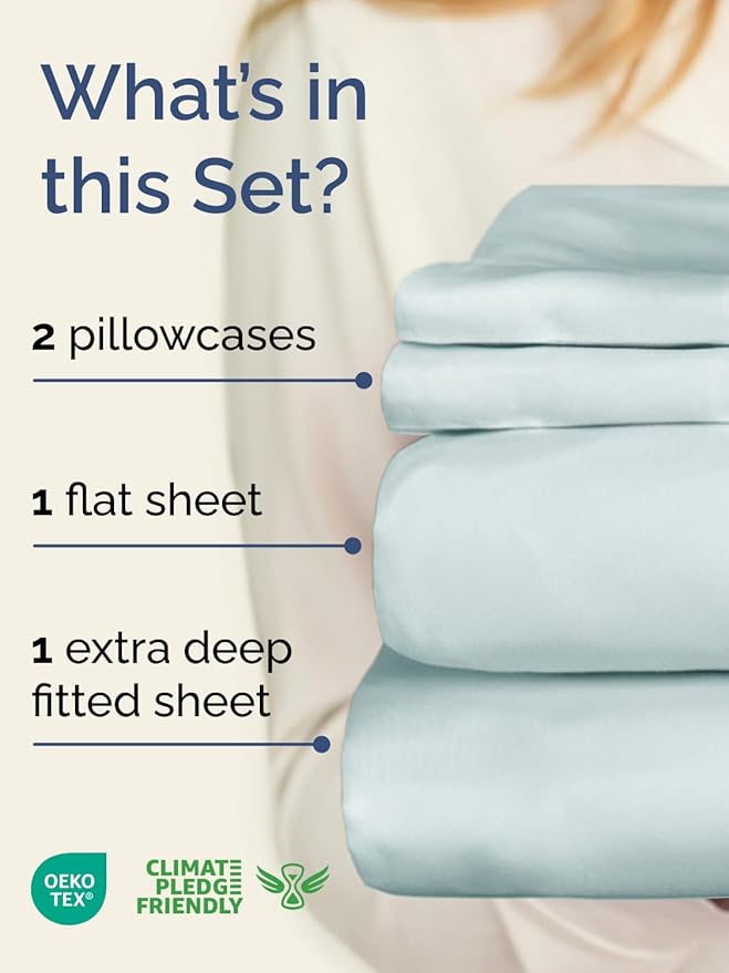 Extra Deep Cal King Sheet Set - 4 Piece Breathable & Cooling Bed Sheets - Easily Fits 18 to 24 inch Mattress - Ultra Soft, Wrinkle & Fade Free w/ Extra Deep Pockets - Hotel Luxury Bedding - Ice Blue
