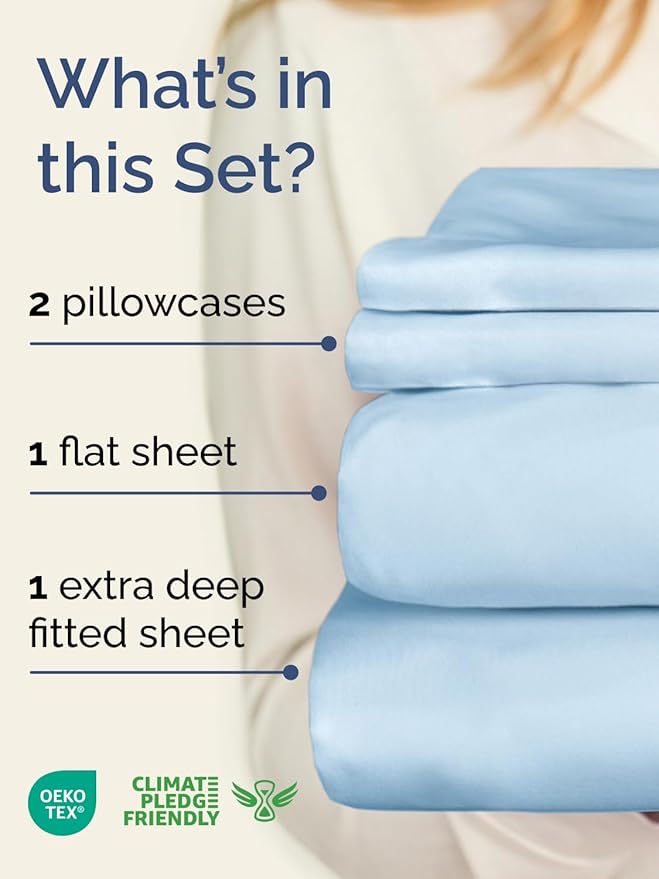 Extra Deep Twin Sheet Set - 4 Piece Breathable and Cooling Sheets - Hotel Luxury Bedding for Women, Men, Kids & Teens - Easy & Secure Fit - Soft, Wrinkle Free & Comfy - Extra Deep Pockets - Light Blue