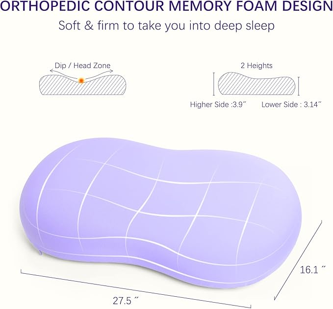 Memory Foam Pillows - Cervical Neck Pillows for Pain Relief, Ergonomic Contour Pillow for Side Back Stomach Sleepers (Purple)