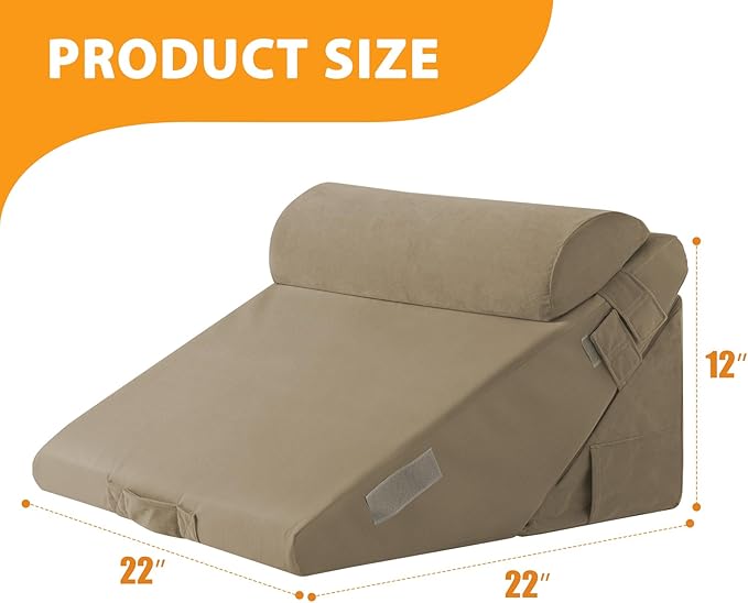 Ruqmuis 3PCS Wedge Pillow Set for After Surgery, Adjustable 9&12 Inch Bed Wedge Pillow for Sleeping, Incline Pillow Wedge for Headboard, Post Surgery, Acid Reflux, Neck&Back Support, Plush Brown
