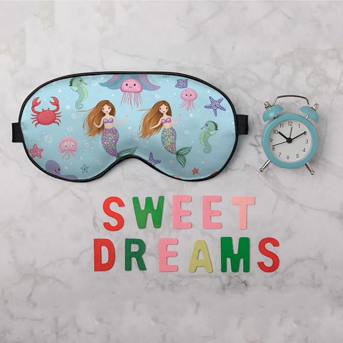 Sea Wildlife Sleep Eye Mask Mermaid Seahorse Fishes Starfish Crab Jellyfish Cartoon Silk Eye Mask Sleeping Soft Eye Shade Cover for Men Women Boy Girl Airplane Travel
