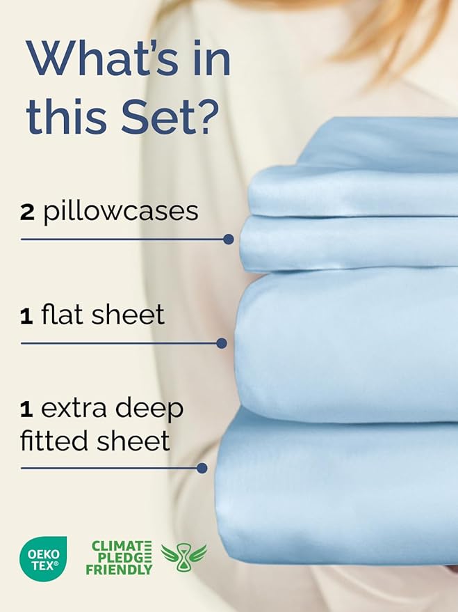 Extra Deep Cal King Sheet Set - 4 Piece Breathable & Cooling Bed Sheets - Easily Fits 18 to 24 inch Mattress - Ultra Soft, Wrinkle & Fade Free w/ Extra Deep Pockets - Hotel Luxury Bedding - Light Blue