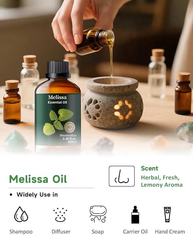 Melissa Essential Oil, Pure Melissa Oil Mumianhua Lemon Balm Oil, Uplifting Citrus-Herb Scent for Diffuser, Skin, Hair & Personal Care, 3.38 Fl Oz