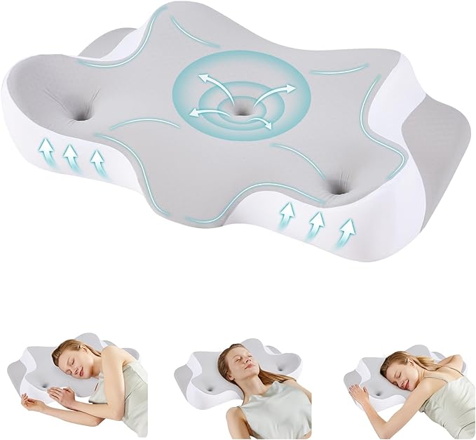 DUMOS Cervical Neck Pillow for Neck Pain Relief, Cooling Memory Foam Pillows for Sleep Apnea, Soft Side Sleeper Pillow Orthopedic Support Ergonomic Pillow for Stomach Back Stomach Sleepers, Gray