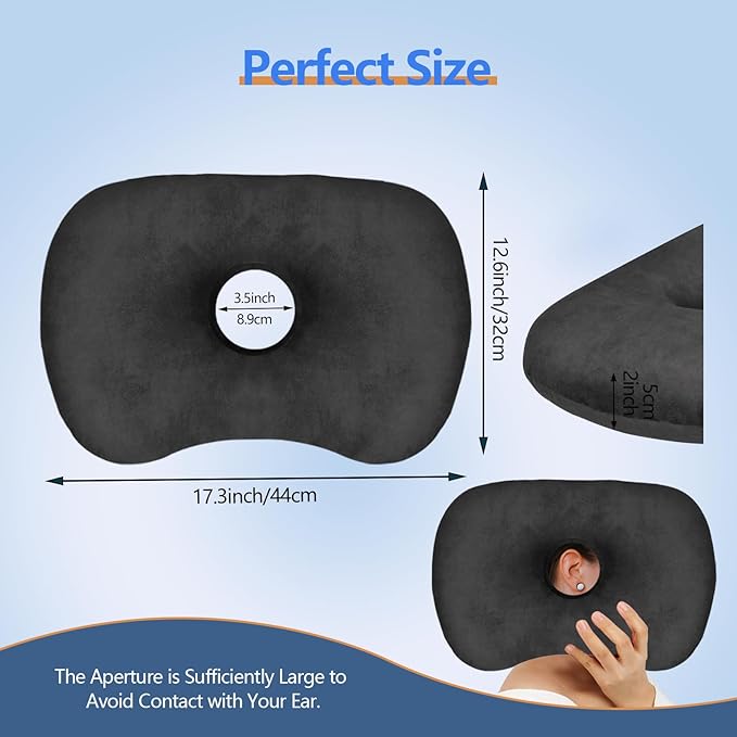 Ear Piercing Hole Pillows Side Sleeper Pillow with an Ear Hole for CNH Side Sleepers and Ear Inflammation Pressure Sores, Adjustable Cotton and Polyester Curved Side Pillow, Black