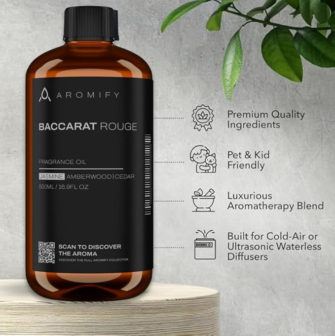 Diffuser Oil Inspired by Baccarat Rouge, 16.9 FL Oz, 500 mL, Luxury Hotel Scent for Home, Bathroom, Spa & Office, Essential Oil Blend for Jasmine, Aromatherapy, Amberwood & Cedar