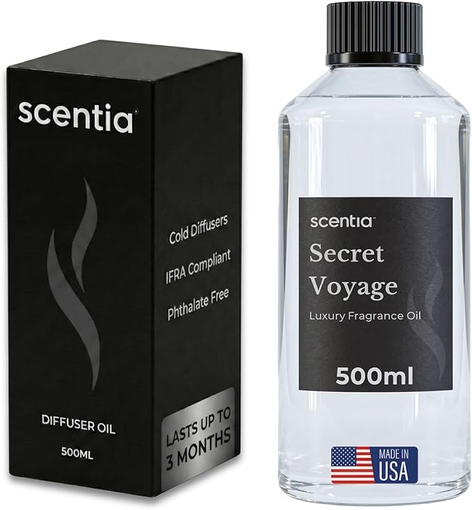 Scentia Secret Voyage Amber Fragrance Oil for Diffusers – Luxury Jasmine & Saffron Home Scent with Cedar & Ambergris – Diffuser Oil for Ultrasonic, Cold Air & Waterless Diffusers – 500 ml (16.9 fl oz)