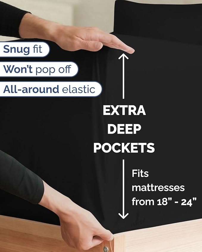 Extra Deep Twin XL Sheet Set - 3 Piece Breathable & Cooling Bed Sheets - Easily Fits 18 to 24 inch Mattress - Ultra Soft, Wrinkle & Fade Free w/ Extra Deep Pockets - Comfy Hotel Luxury Bedding - Black
