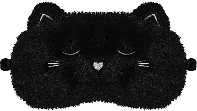 Cute Cat Sleeping Mask Eye Mask Funny Animal Kitten Sleep Mask Soft Plush Blindfold Travel Eye Cover Eyeshade for Kids Adults Girls Boys Women Men (Cat, Black)