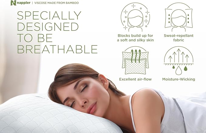 Nappler Cooling Pillow for hot Sleepers -Bed Pillows Standard Size Premium Set of 2 - Adjustable Shredded Memory Foam - Medium to Firm Pillows for Back, Stomach & Side Sleepers - Washable Cover