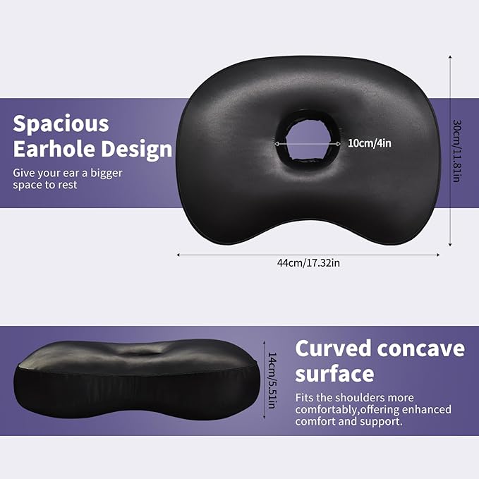 Black Ear Piercing Pillow - Side Sleeper Support with 3.5" Ear Hole Relief, Hypoallergenic Velvet Orthopedic Pillow for Healing Piercings