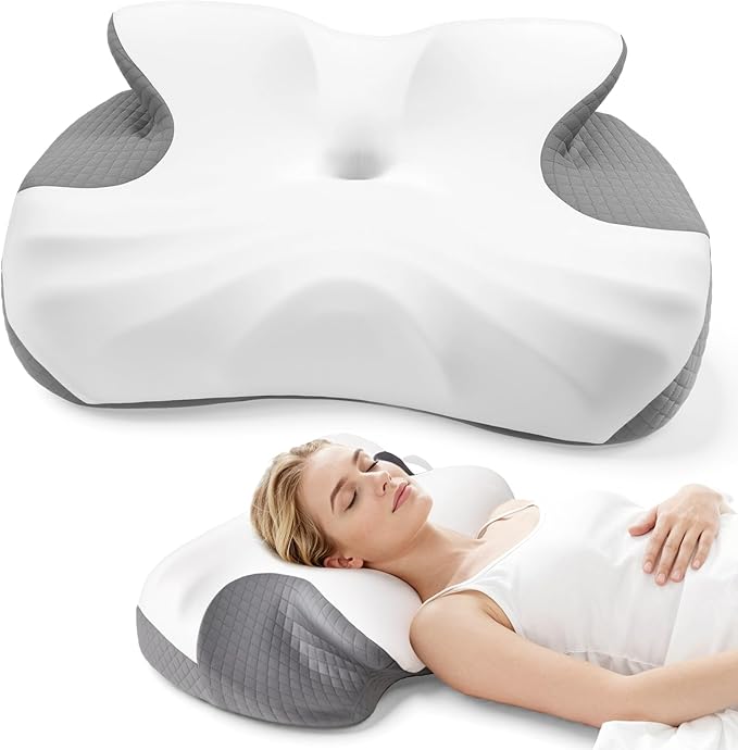 Side Sleeper Pillow, Memory Foam Cervical Neck Pillow, Dual Height Orthopedic Contour Pillow for Neck Support, Ergonomic Pillow for Side Back Stomach Sleepers with Breathable Washable Cover