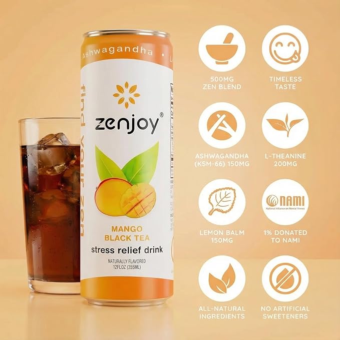 Zenjoy Stress Relief Drink, Calming Black Tea, Non Alcoholic, Ashwagandha & Lemon Balm for Stress Relief, L - Theanine for Focus (12 Pack) (Mango)