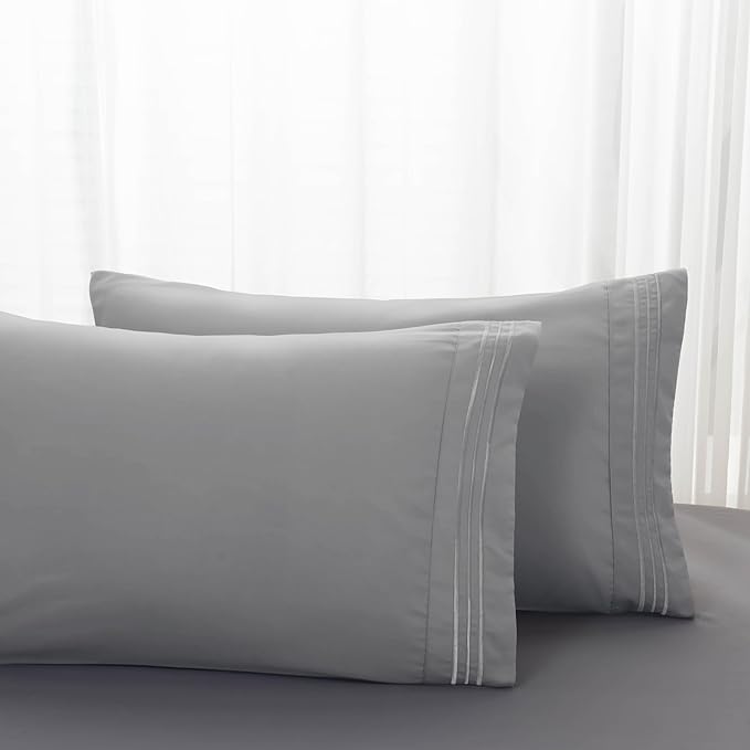Mocassi 2-Piece Premium King Pillowcase Set 1800 Series Hotel Quality Microfiber - Soft and Breathable with 3-Line Embroidery Wrinkle and Stain Resistant, Easy Care, 20" x 40", Light Gray